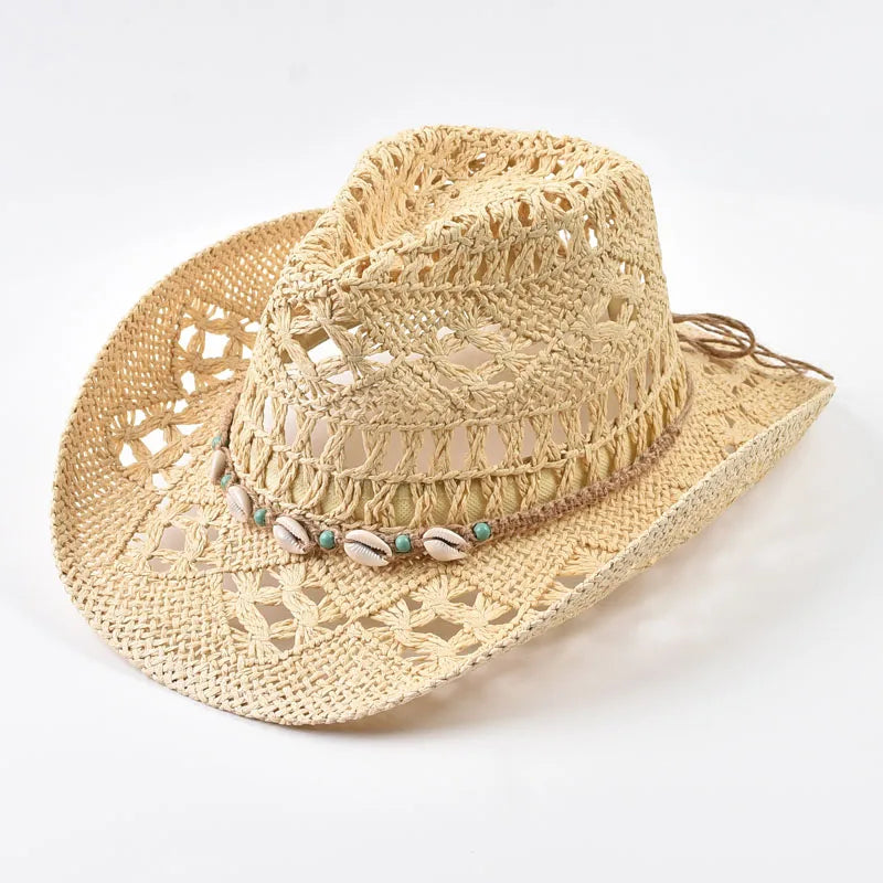 Straw Hat for Women Summer Shell Decoration Beach Hat Hollow Out  Wide Brim Sun Hat Chapeu Panama Feminino