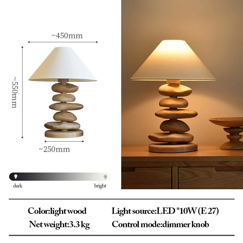 Solid Ash Wood Carving Stack Stone Shaped Table Lamps Dimmable Indoor Decor LED Lighting Bedroom Living Room Study Desk Lamps