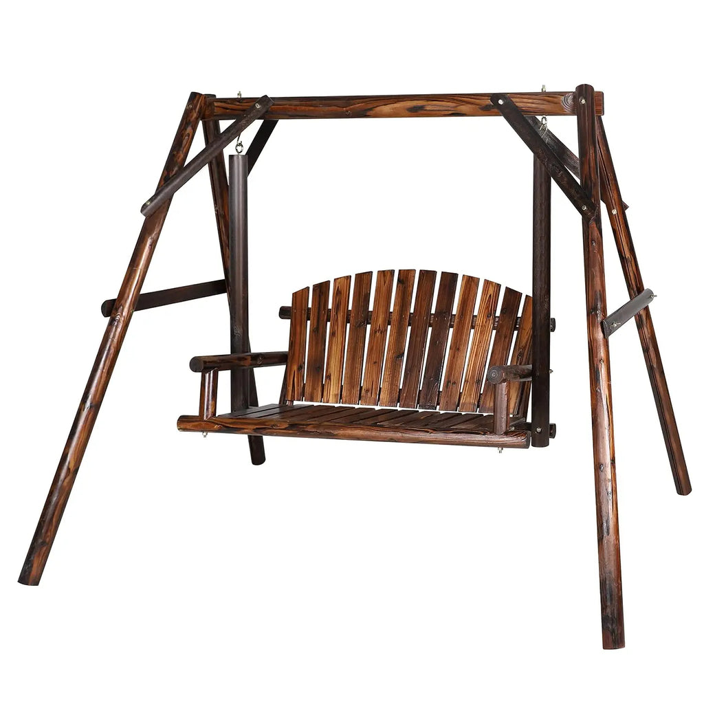 Wooden Outdoor Porch Swing with A-Frame Stand, 2-Person Log Bench with Curved Back for Yard & Garden, Rustic, Customized
