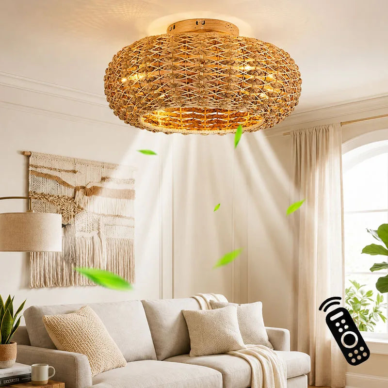 Bamboo Ceiling Fan With Lights Remote Control Bedroom Decor Ventilator Lamp Invisible Blades Retractable Silent Electric Fans
