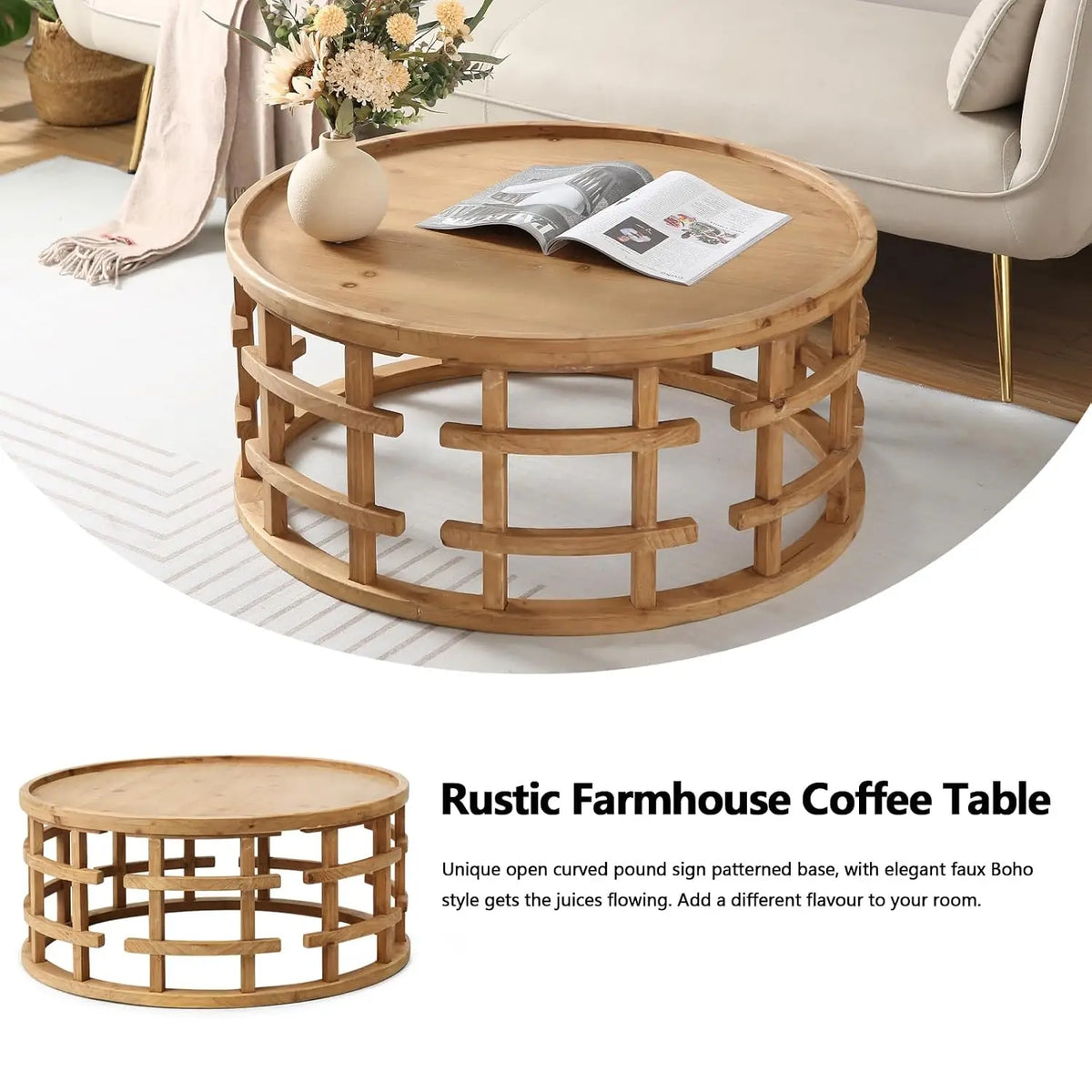 Round Wooden Coffee Table Boho Handcrafted Farmhouse Living Room Small Space, Customized