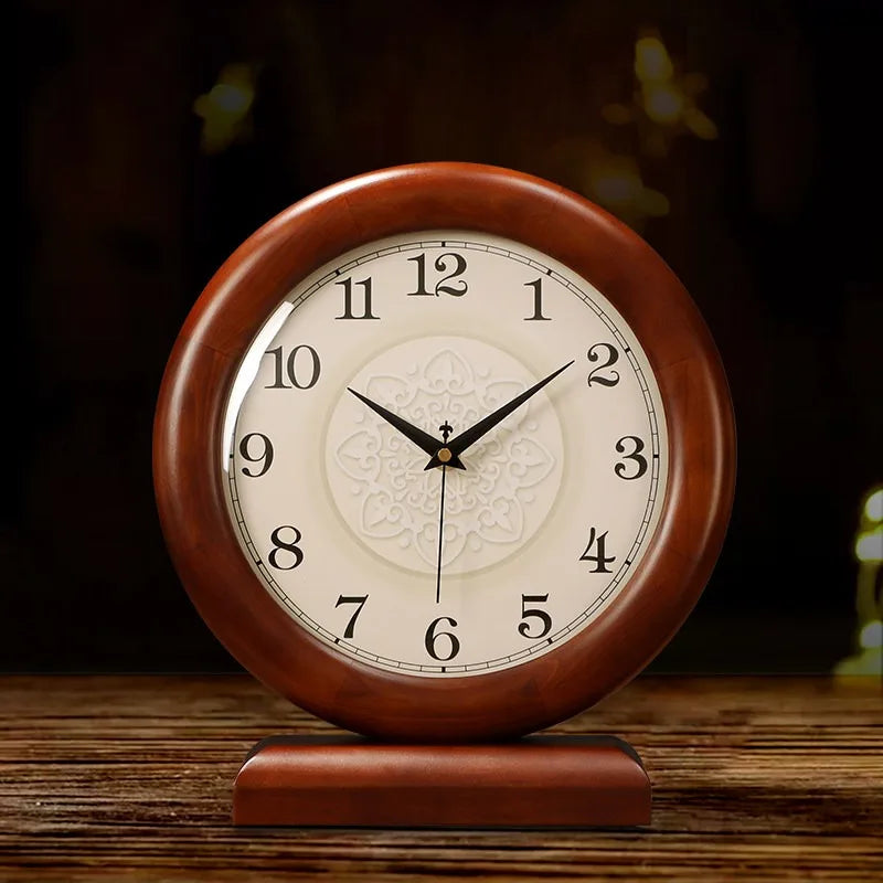 Solid Wood Clock Desktop Ornament Retro Living Room Home Desktop New Chinese Style Silent Pendulum Clock