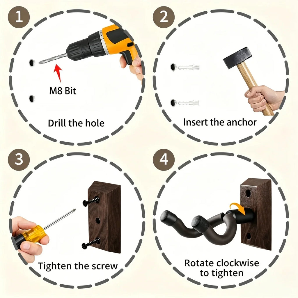 Wood Guitar Wall Mount, Dark/Light Color U-Shaped Rotating Hook Hanger Stand for Acoustic/Electric Guitar&Bass&Banjo