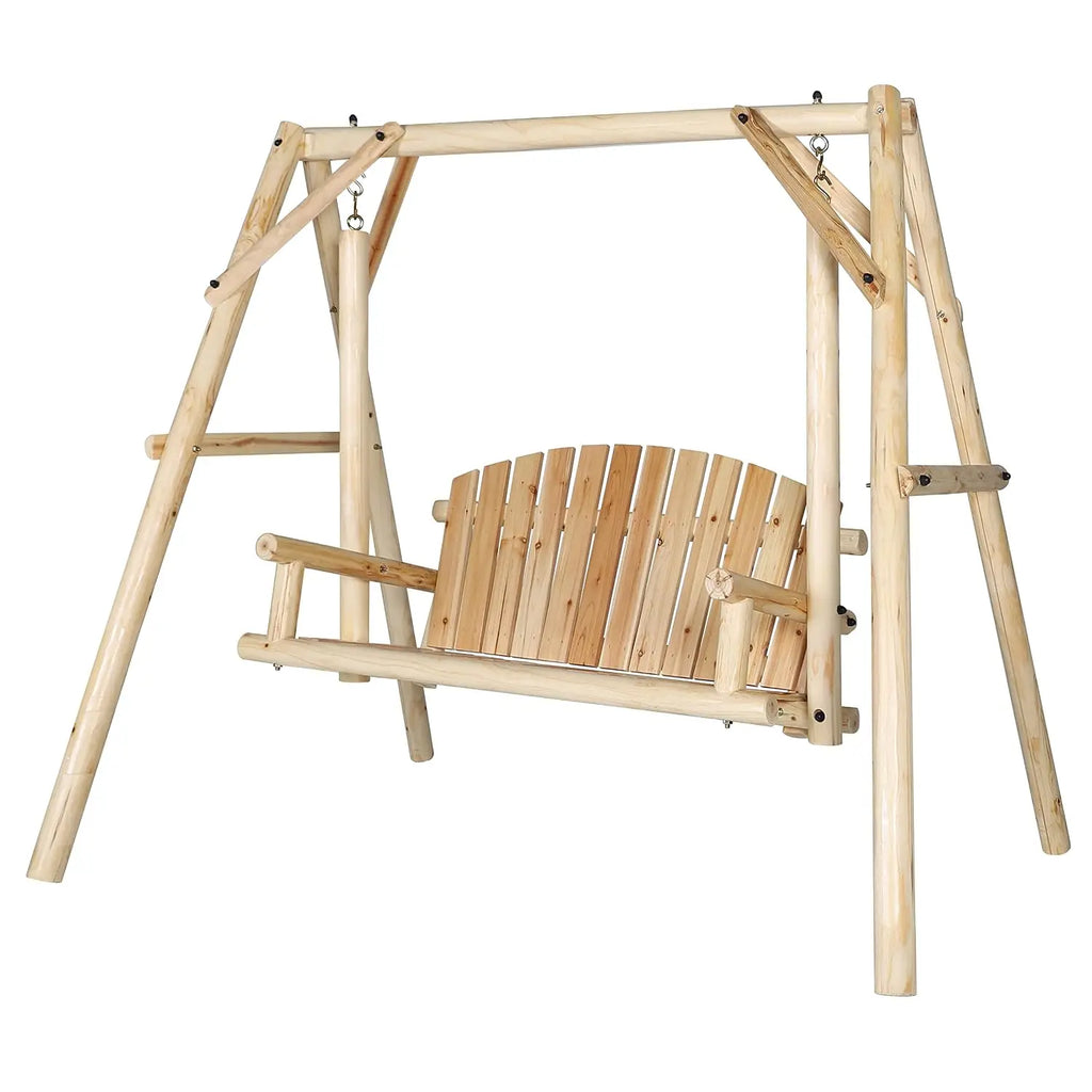 Wooden Outdoor Porch Swing with A-Frame Stand, 2-Person Log Bench with Curved Back for Yard & Garden, Rustic, Customized