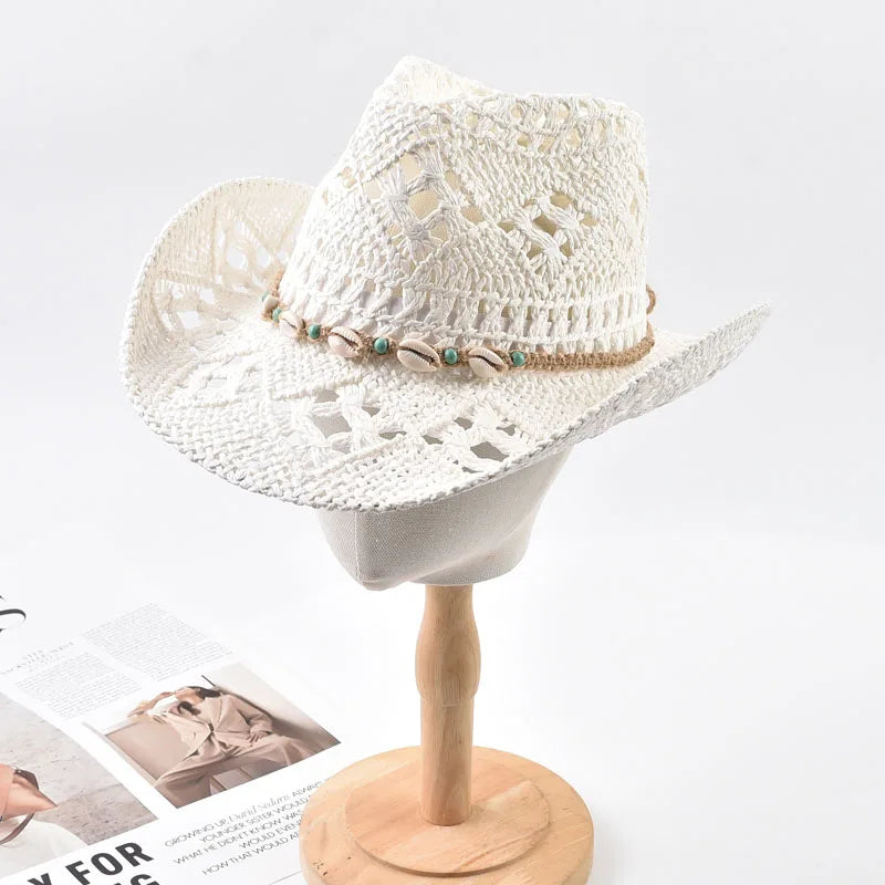 Straw Hat for Women Summer Shell Decoration Beach Hat Hollow Out  Wide Brim Sun Hat Chapeu Panama Feminino