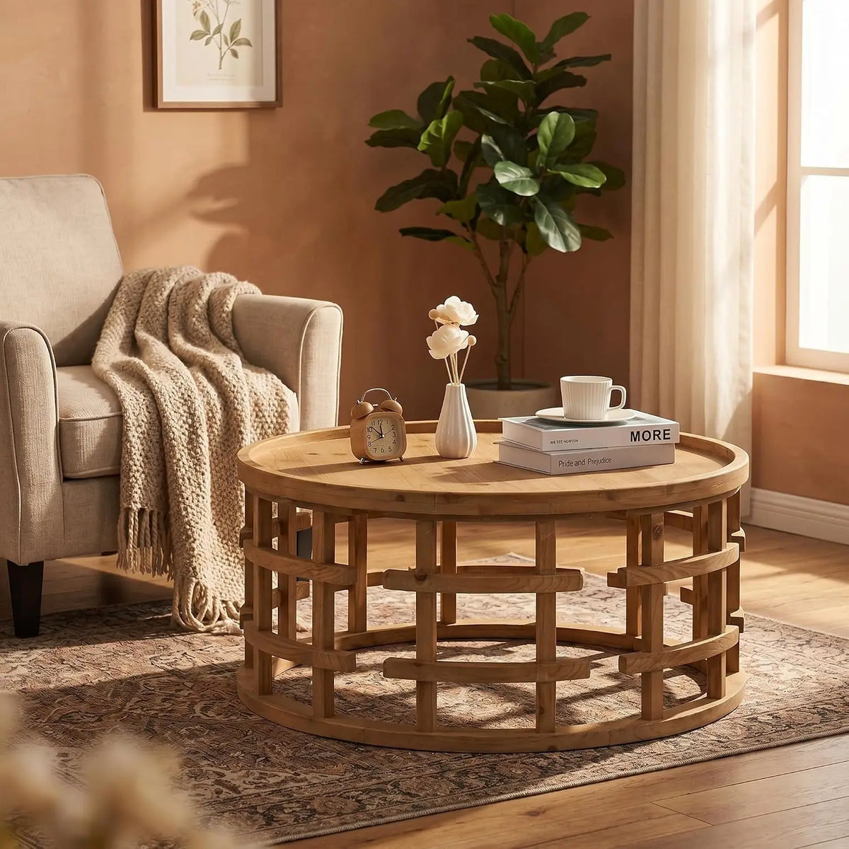 Round Wooden Coffee Table Boho Handcrafted Farmhouse Living Room Small Space, Customized