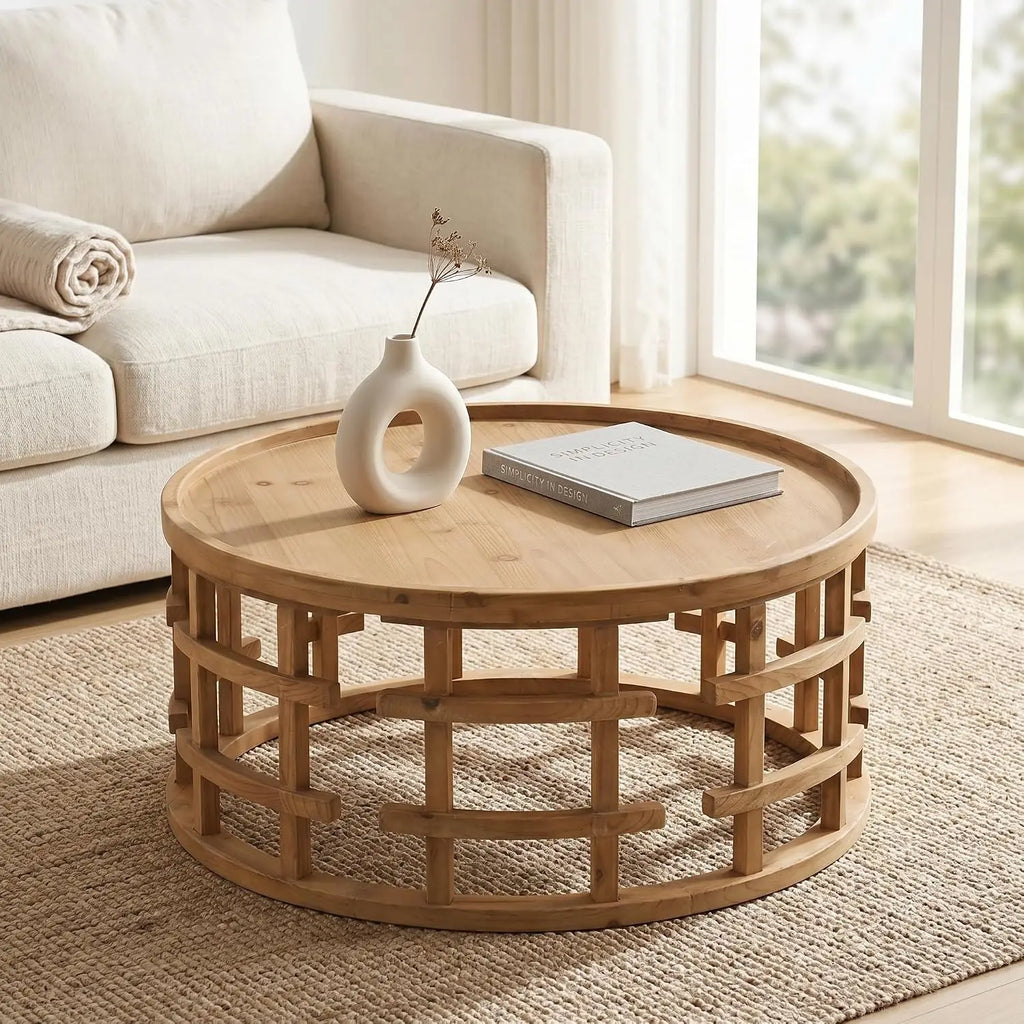 Round Wooden Coffee Table Boho Handcrafted Farmhouse Living Room Small Space, Customized