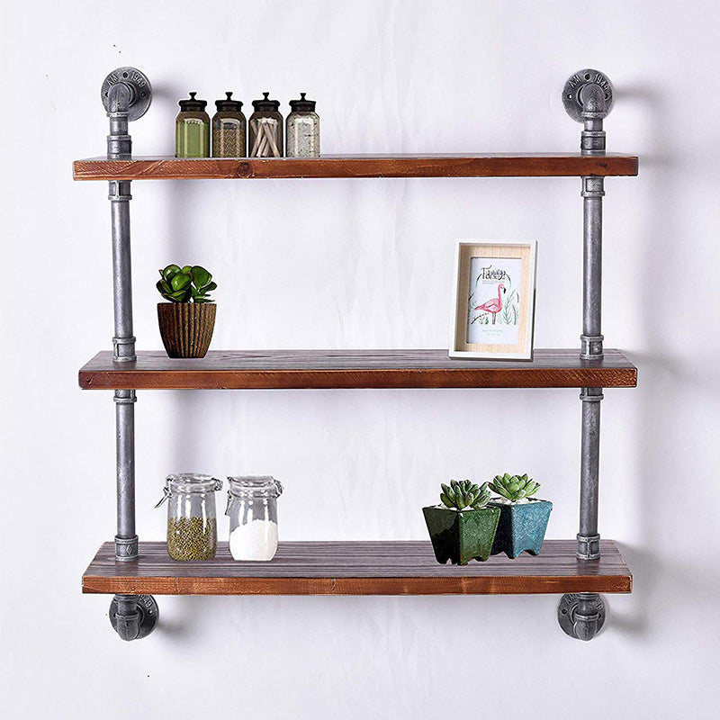 Estantería de pared de tubería de agua de hierro estilo industrial, partición plana, estante de exhibición de madera maciza
