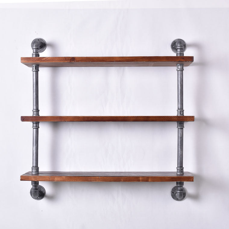 Estantería de pared de tubería de agua de hierro estilo industrial, partición plana, estante de exhibición de madera maciza