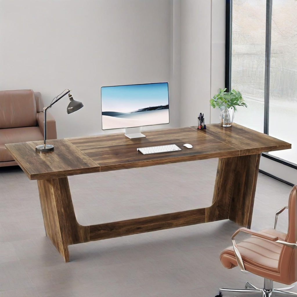 Escritorio Ejecutivo para Computadora de 70.87 Pulgadas: Escritorio Grande para Oficina en Casa con Pedestal de Madera Maciza, Mesa Industrial de Madera para Estudio o Escritura