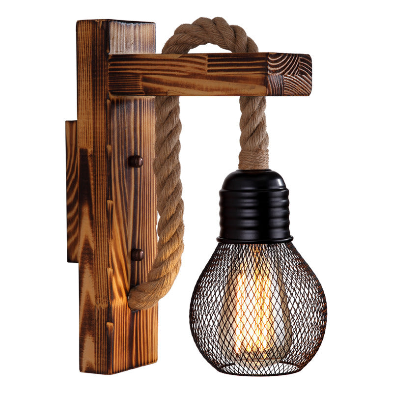 Lámpara de pared industrial de madera, hierro y cuerda de cáñamo, luces de pared creativas con polea de elevación de personalidad