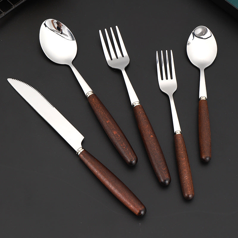 Cuchara y tenedor sencillos con mango creativo de veta de madera