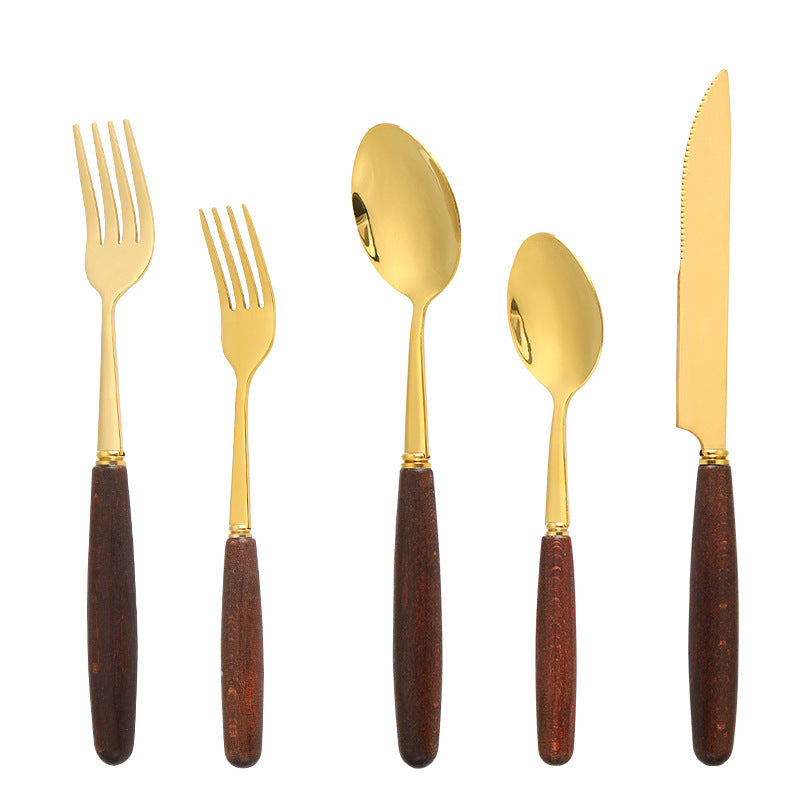 Cuchara y tenedor sencillos con mango creativo de veta de madera