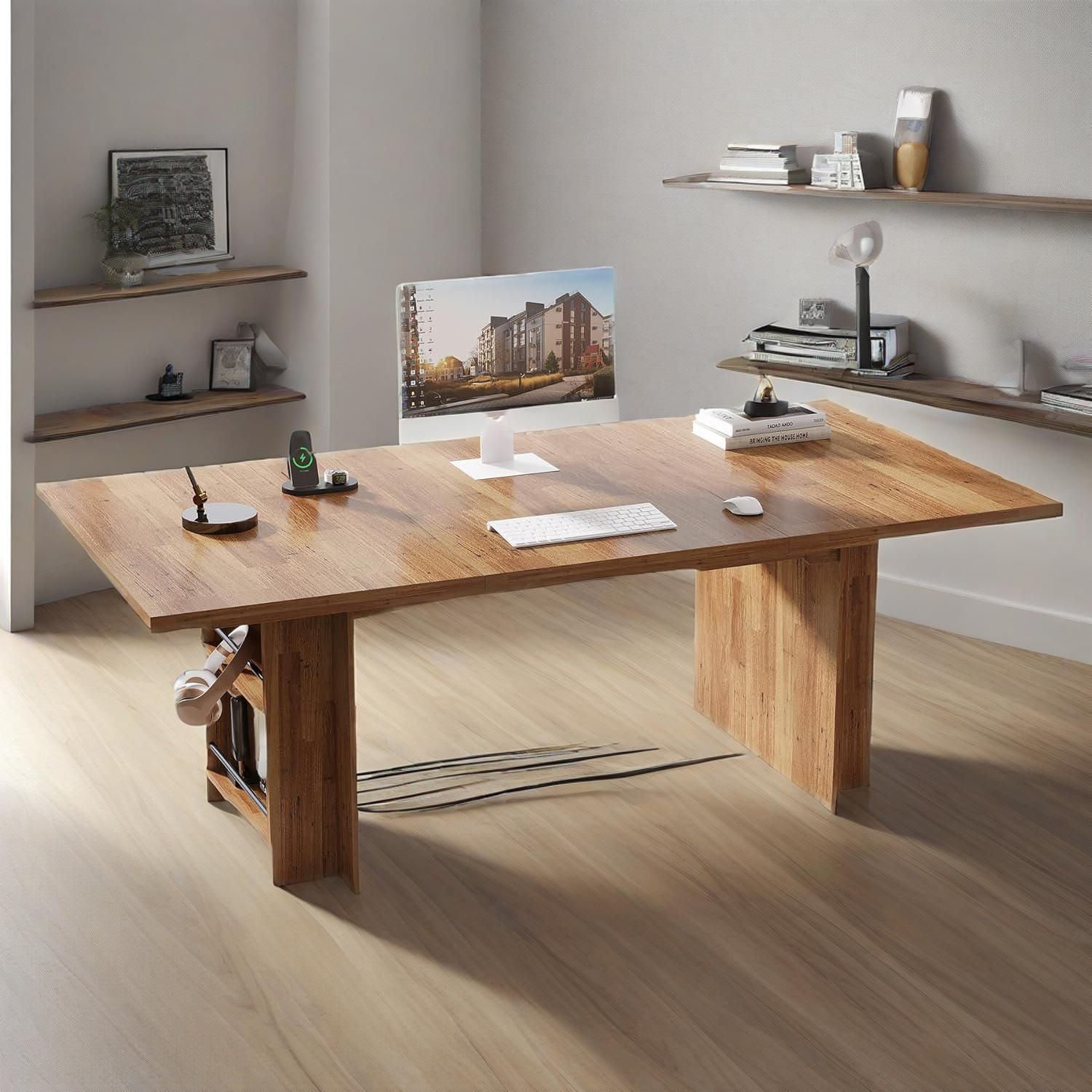 Escritorio para computadora de 62.99 pulgadas, escritorio ejecutivo moderno, mesa de escritura larga grande con estantes de almacenamiento