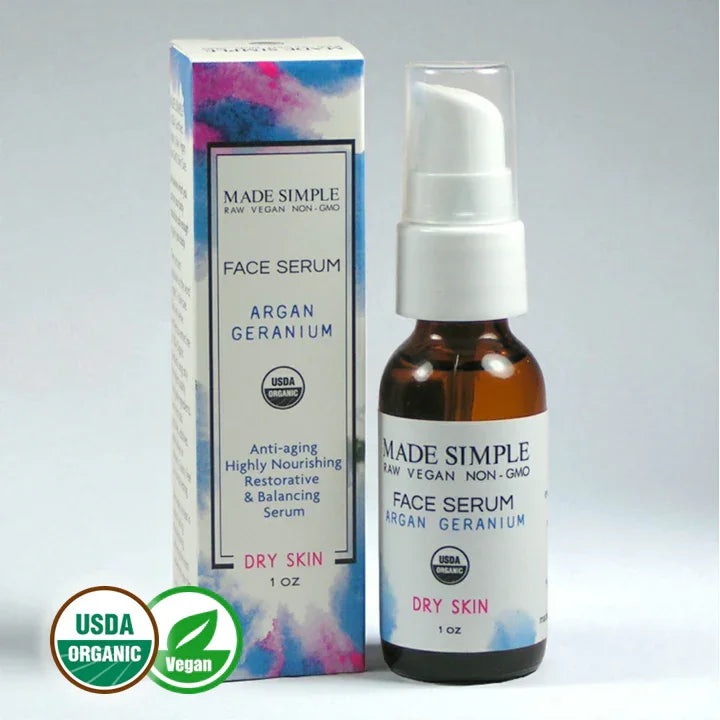 Argan geranium vegan face serum for dry skin with eco-friendly, USDA organic labels