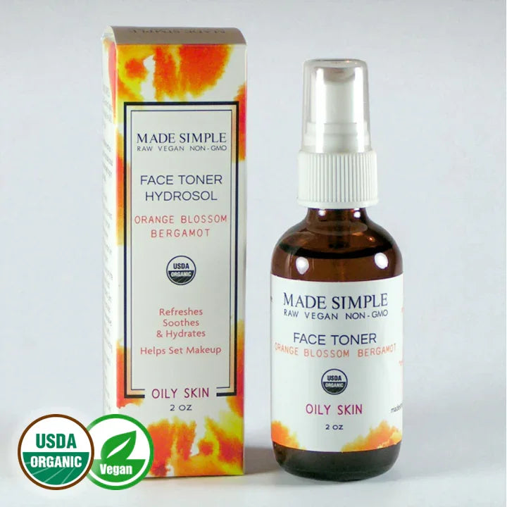 Organic face toner hydrosol with orange blossom and bergamot for oily skin, vegan certified.