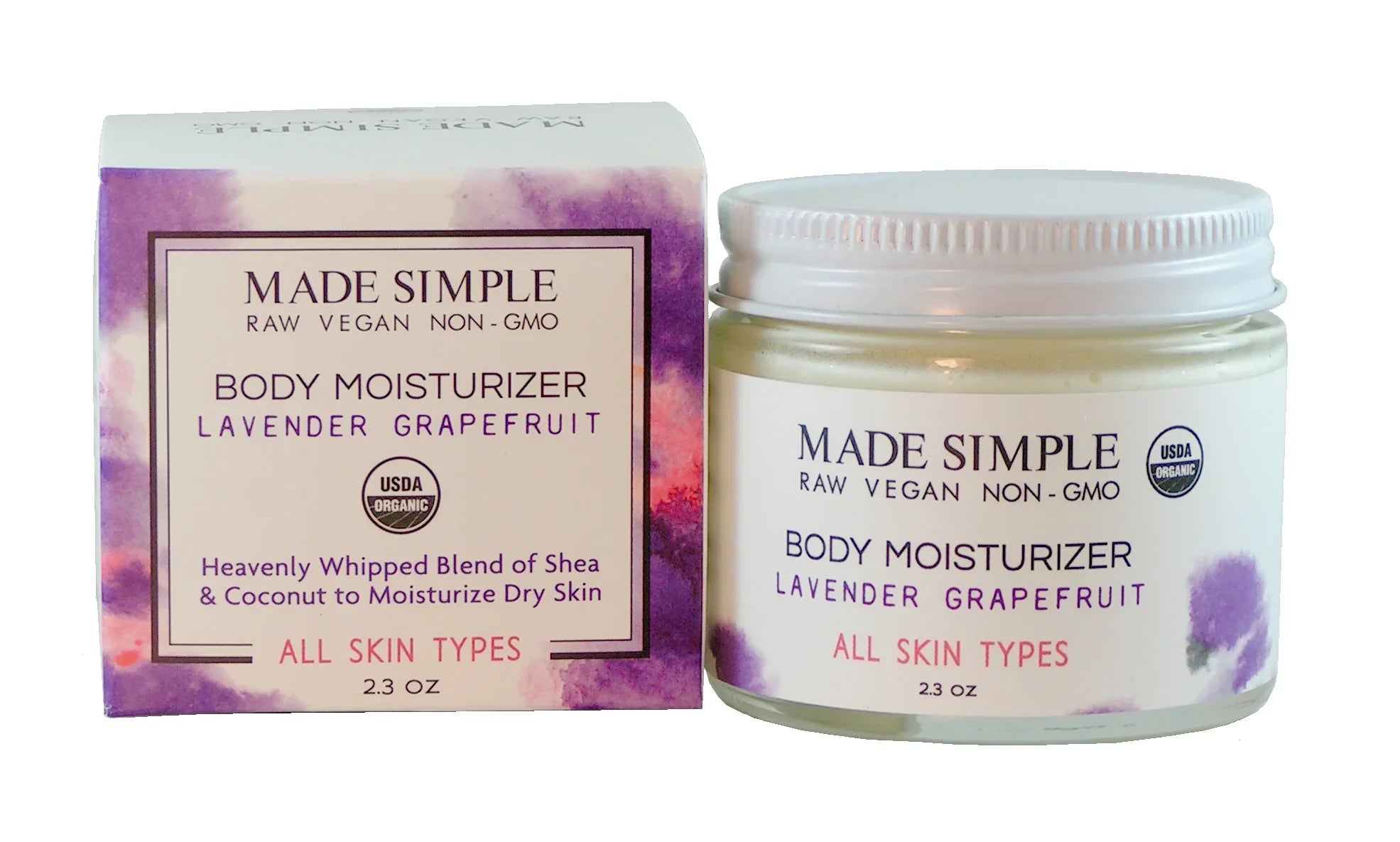 Lavender grapefruit organic body moisturizer for all skin types, jar and box, 2.3 oz