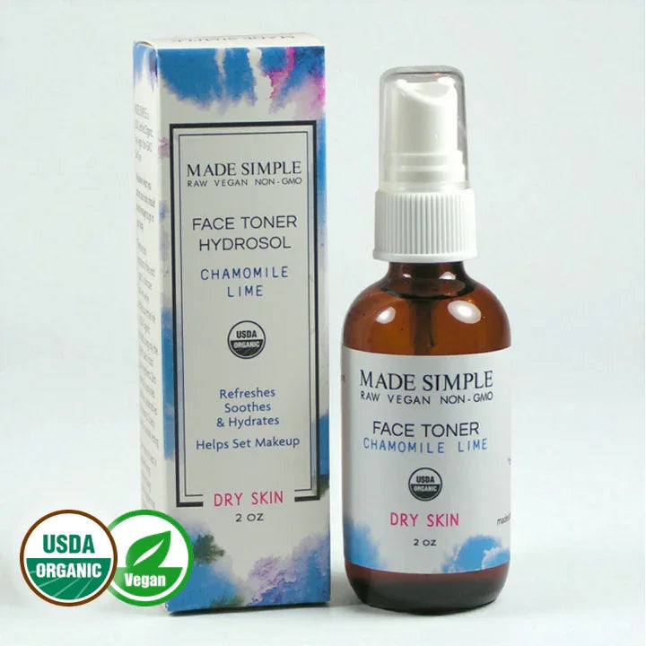 USDA Organic vegan face toner hydrosol for dry skin, chamomile lime, 2 oz bottle and box