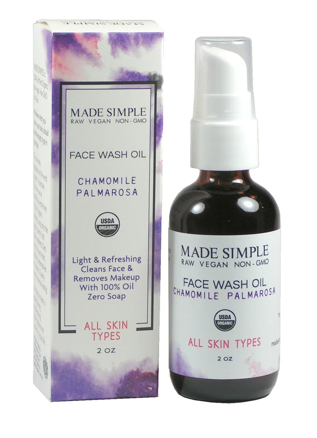Organic face wash oil with chamomile and palmarosa for all skin types, 2 oz bottle and box