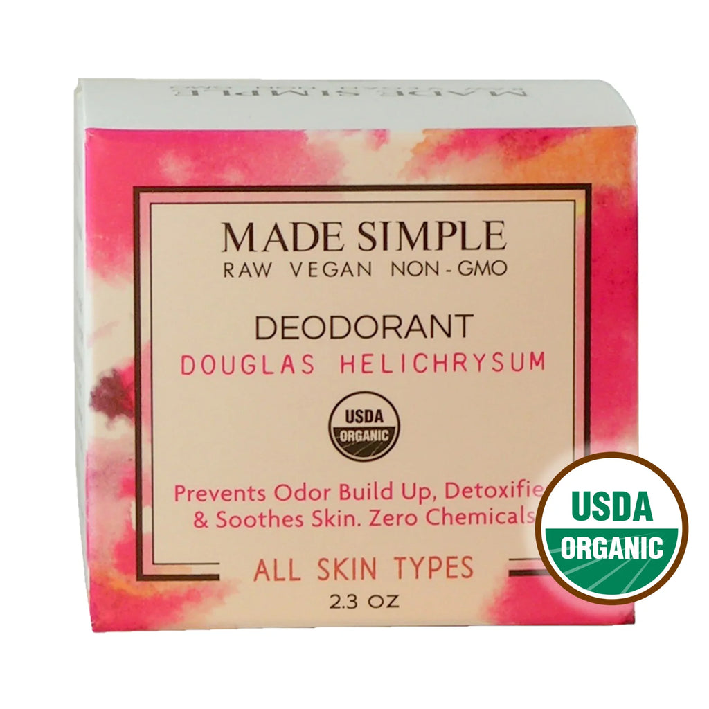 Organic Douglas Helichrysum deodorant box, USDA certified, for all skin types, vegan, non-GMO