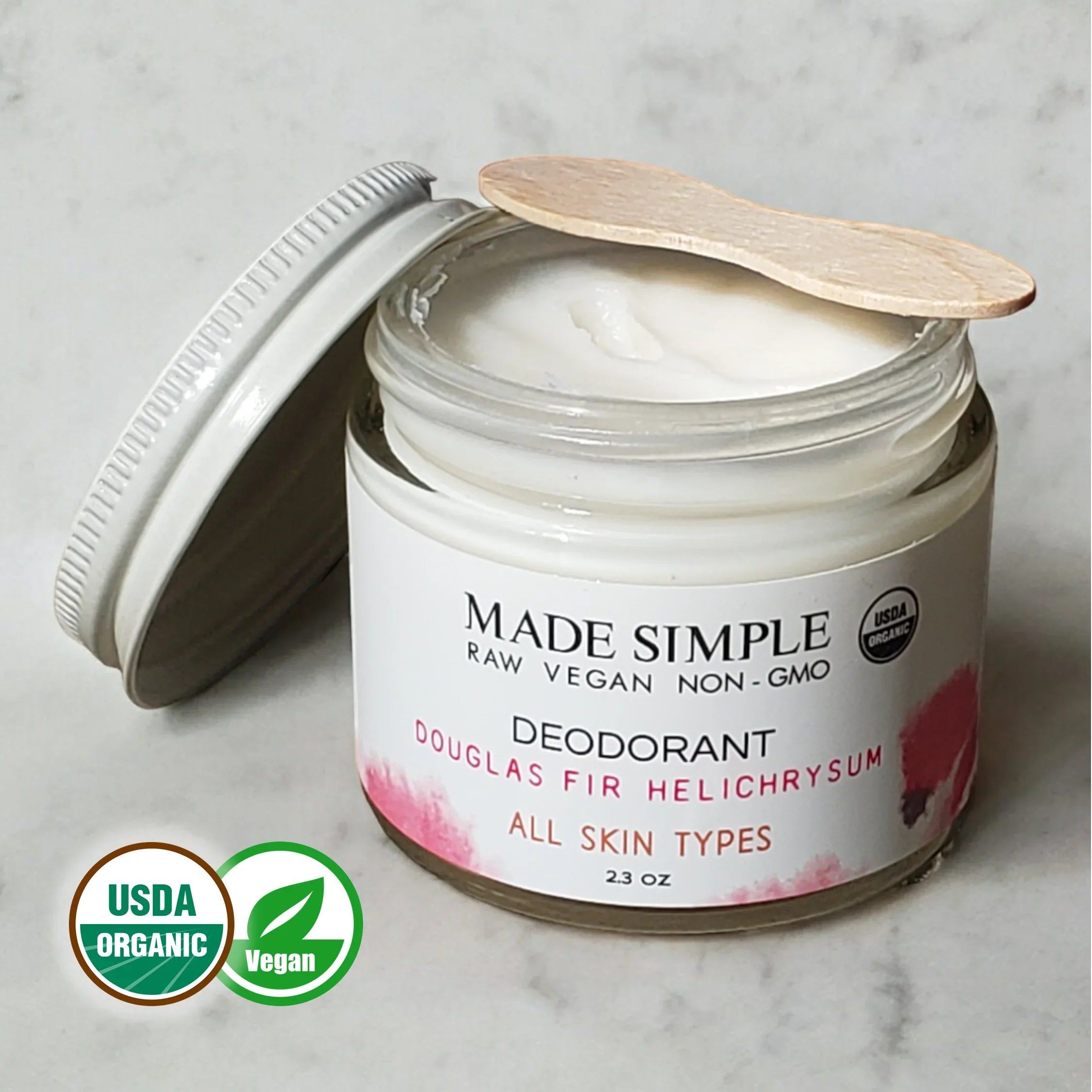 USDA organic vegan deodorant jar for all skin types with wooden applicator