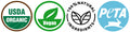 USDA organic, vegan, 100% natural ingredients, and cruelty-free PETA symbols