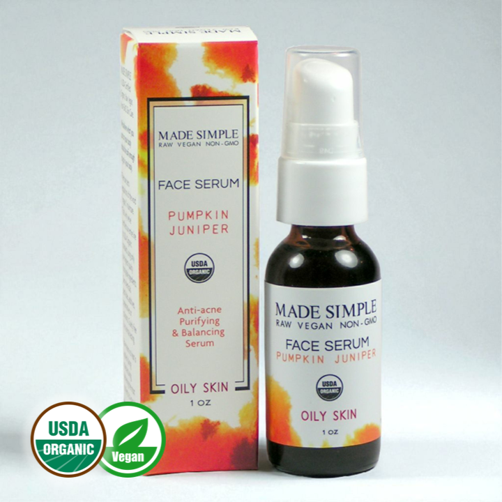 USDA organic vegan face serum with pumpkin and juniper for oily skin, anti-acne formula
