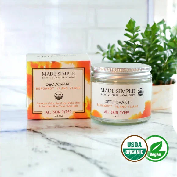 Organic vegan deodorant jar and box with bergamot ylang ylang for all skin types, USDA-certified