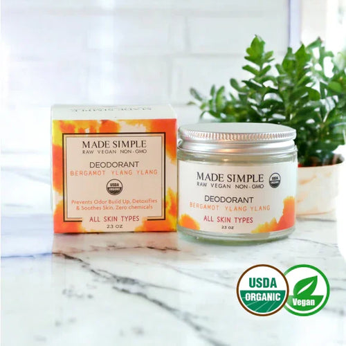 Organic vegan deodorant jar and box with bergamot ylang ylang for all skin types, USDA-certified