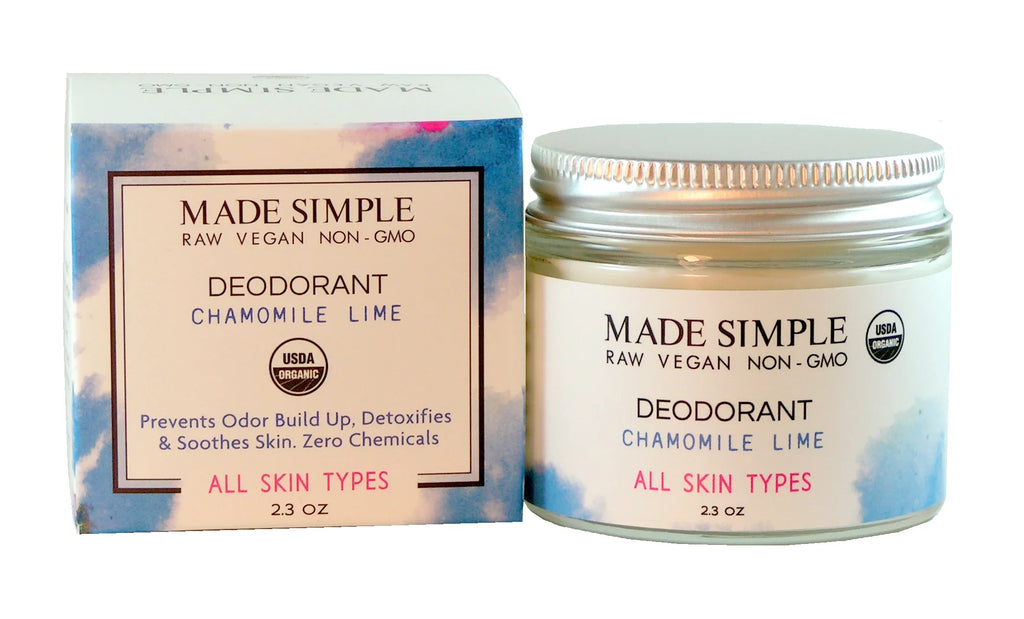 Organic vegan deodorant chamomile lime, jar and box for all skin types, USDA certified