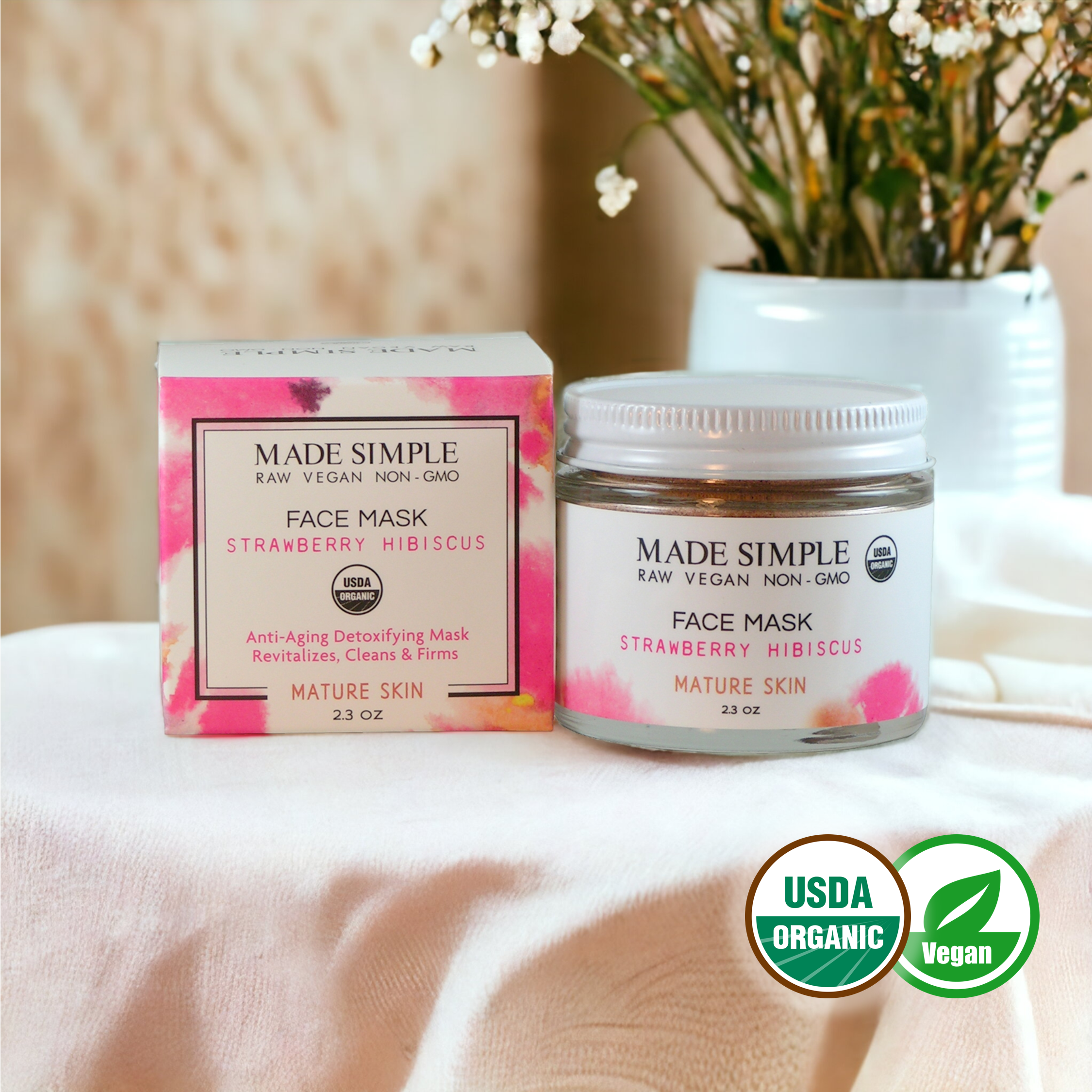 Strawberry Hibiscus Face Mask for Mature Skin - Certified Organic, Vegan & Cruelty-free