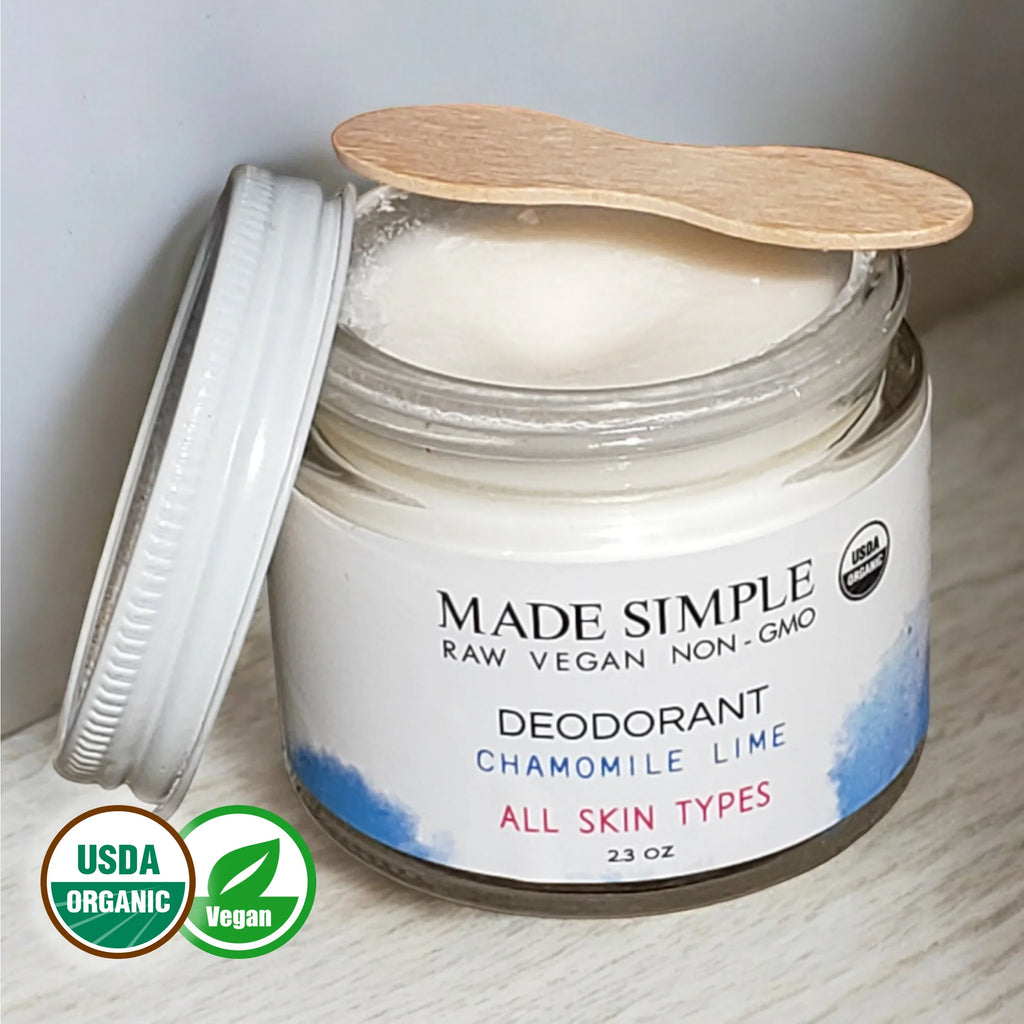 Organic vegan deodorant jar with wooden spatula on lid, USDA Organic and Vegan certified
