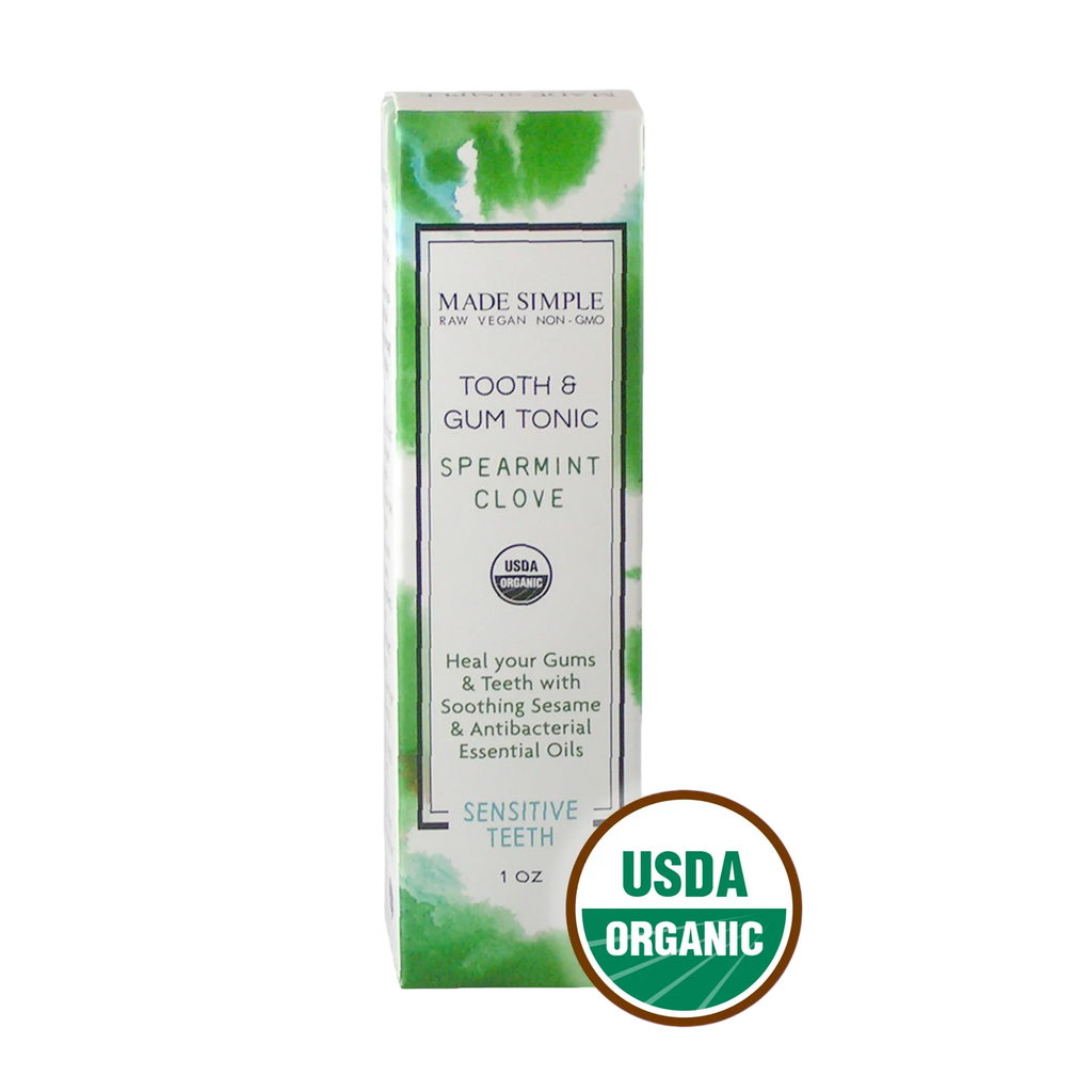 Organic tooth and gum tonic box with spearmint clove, USDA Organic label, for sensitive teeth