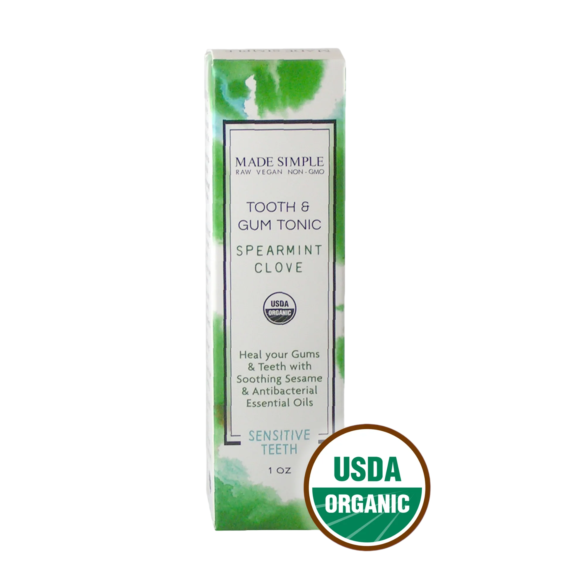 Organic tooth and gum tonic box with spearmint clove, USDA Organic label, for sensitive teeth