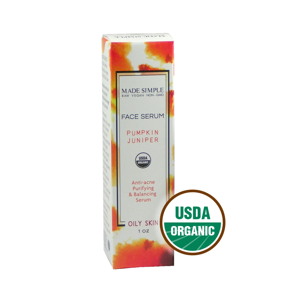 Pumpkin Juniper face serum for oily skin, USDA organic, vegan, anti-acne, 1 oz box.