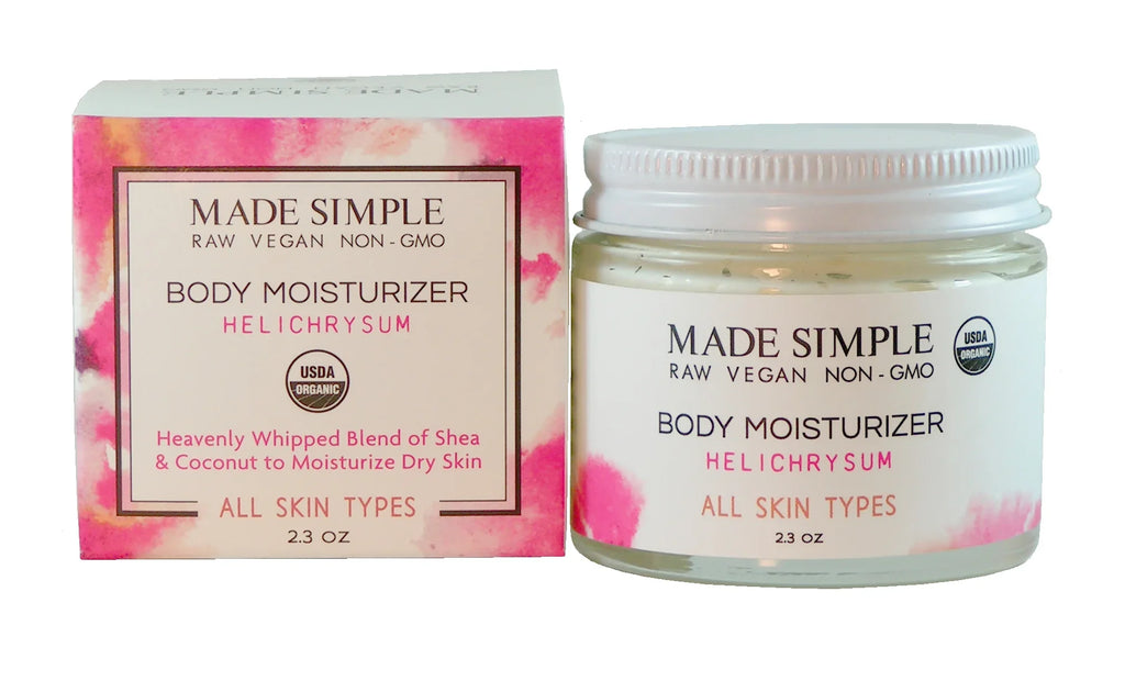 Organic vegan body moisturizer with helichrysum in glass jar and product box, 2.3 oz for all skin types