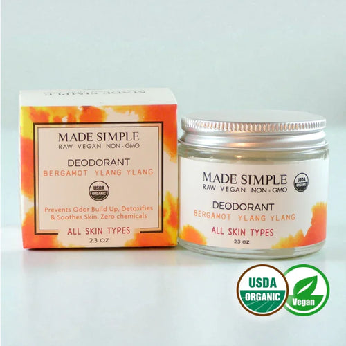 Organic vegan deodorant jar and box, bergamot ylang ylang, USDA certified for all skin types