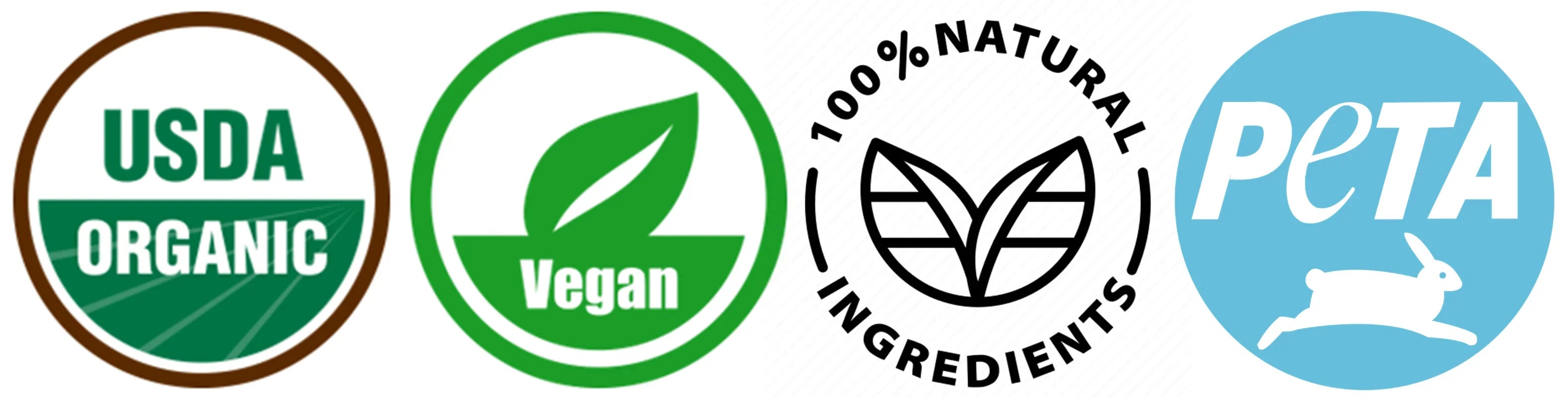 USDA Organic, Vegan, 100% Natural Ingredients, and cruelty-free PETA certification badges