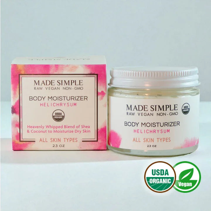 Made Simple Helichrysum body moisturizer jar and box, vegan organic skincare for all skin types