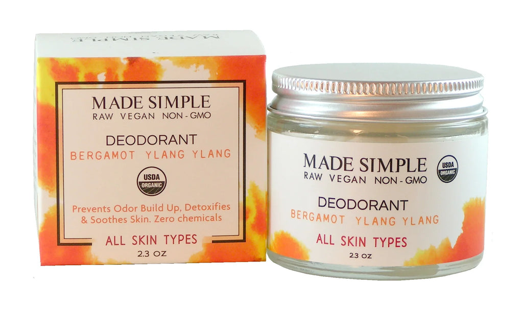 Made Simple natural deodorant for all skin types, bergamot ylang ylang, organic jar and box