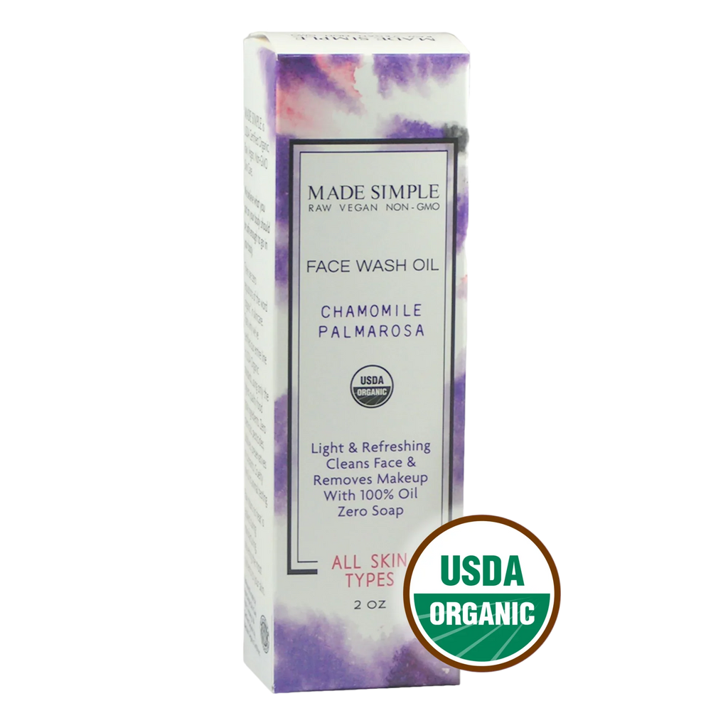 Organic face wash oil box with chamomile palmarosa, vegan, non-GMO, USDA Organic seal