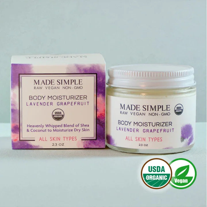 Organic vegan body moisturizer lavender grapefruit for all skin types, 2.3 oz jar and box