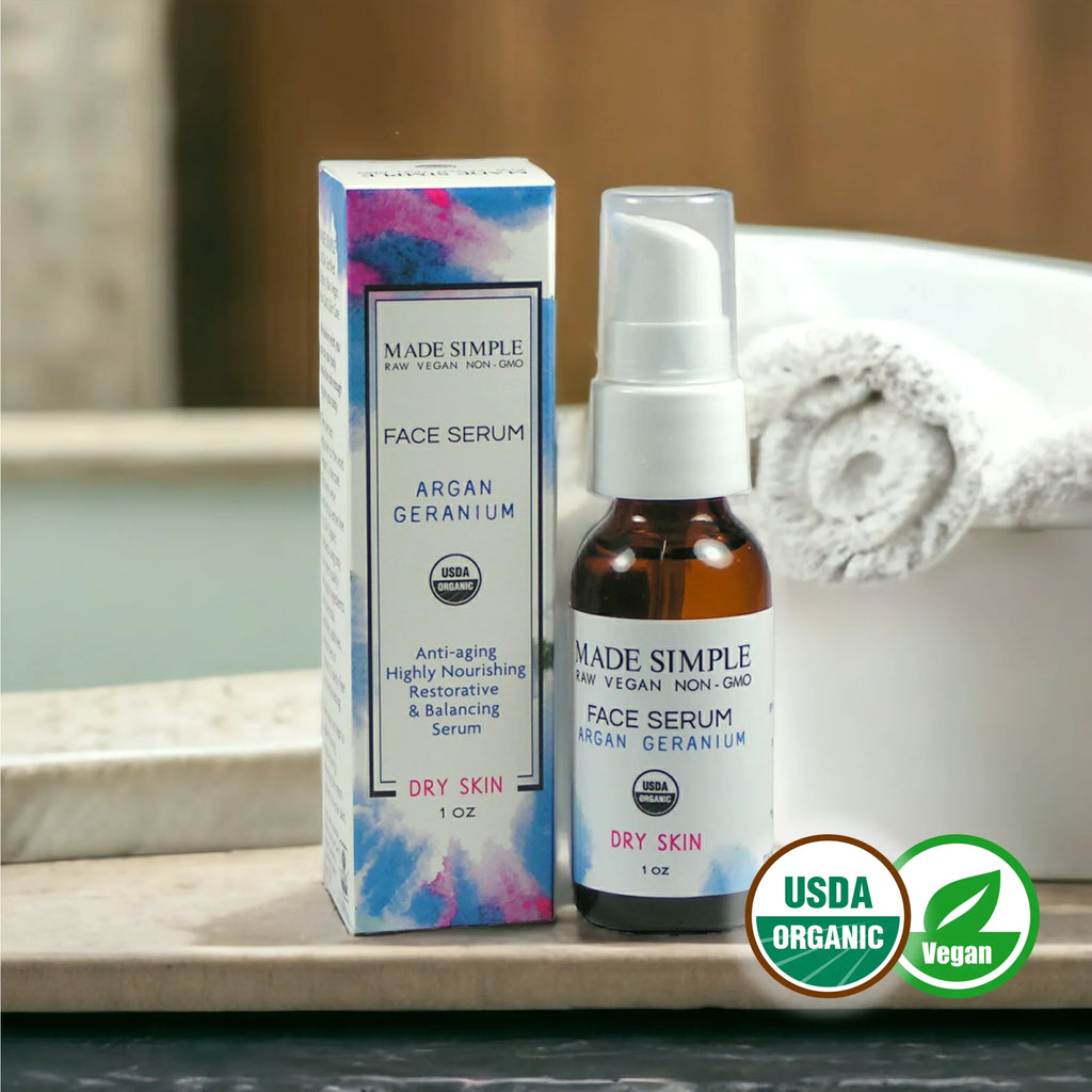 Organic vegan argan geranium face serum for dry skin with box and USDA Organic, Vegan labels