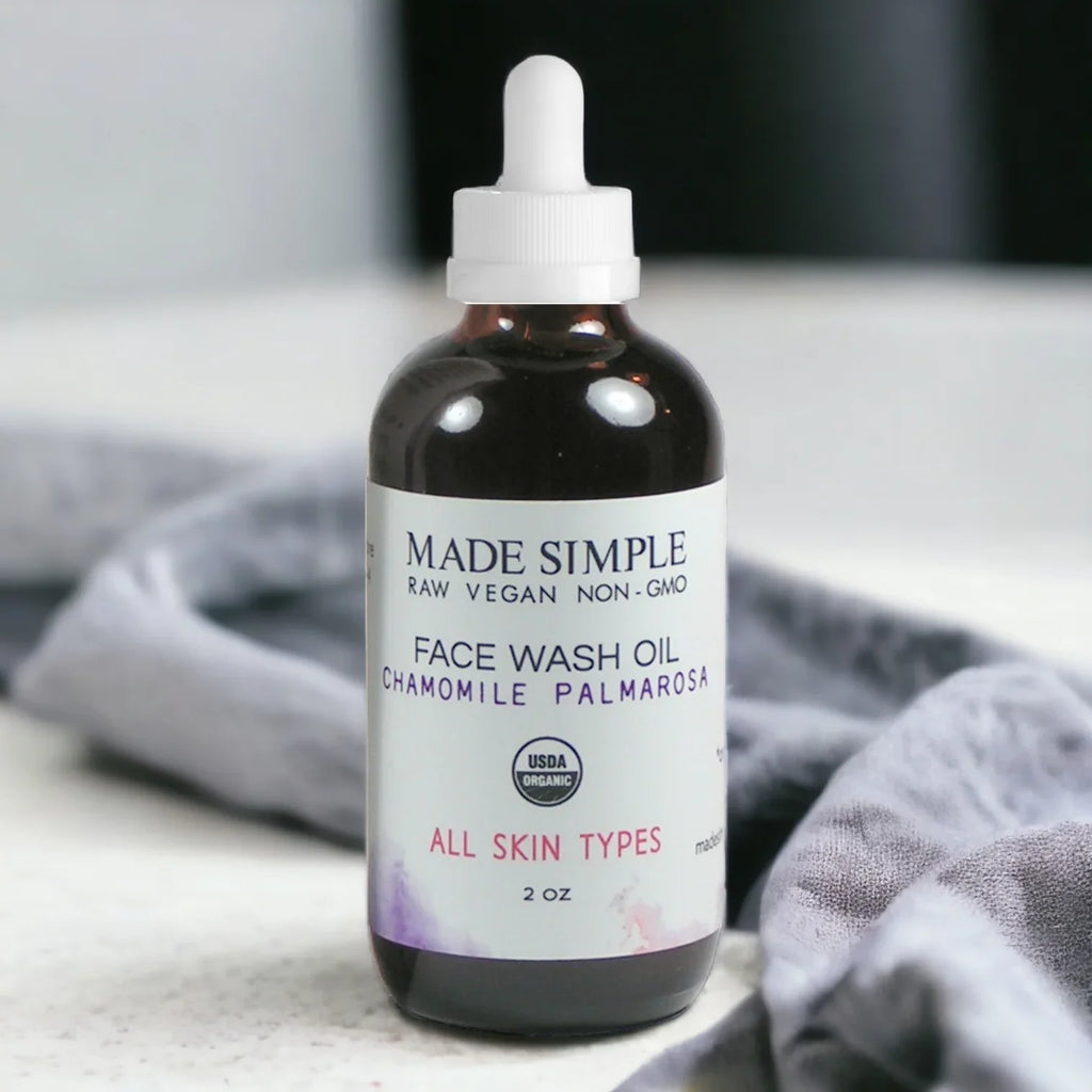 Organic chamomile palmarosa face wash oil for all skin types in glass dropper bottle