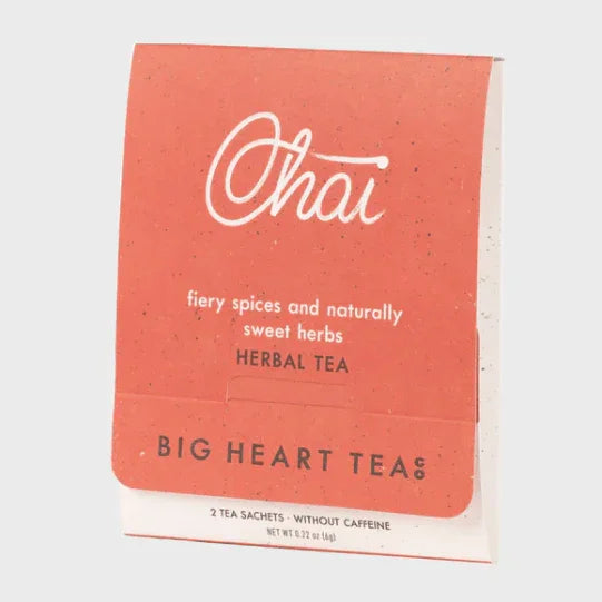 Big Heart Tea Chai herbal tea sachets, fiery spices and sweet herbs, eco-friendly packaging