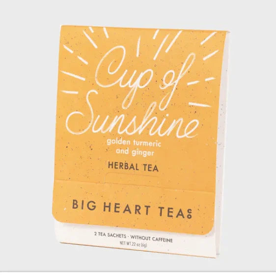 Cup of Sunshine herbal tea box with golden turmeric and ginger, 2 sachets, caffeine-free