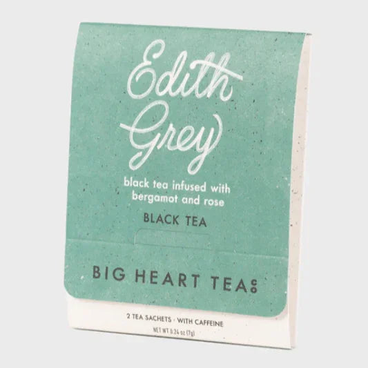 Edith Grey black tea packet with bergamot and rose from Big Heart Tea, eco-friendly packaging