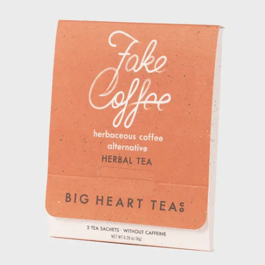 Herbal tea box labeled Fake Coffee, caffeine-free coffee alternative by Big Heart Tea.