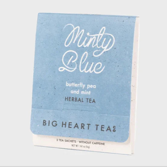 Minty Blue herbal tea box, butterfly pea and mint, Big Heart Tea, caffeine-free