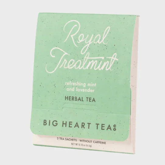 Mint green box of herbal tea labeled Royal Treatmint, refreshing mint and lavender blend.
